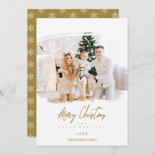 Brushstroke Christmas Golden Snowflakes Photo Holiday Card