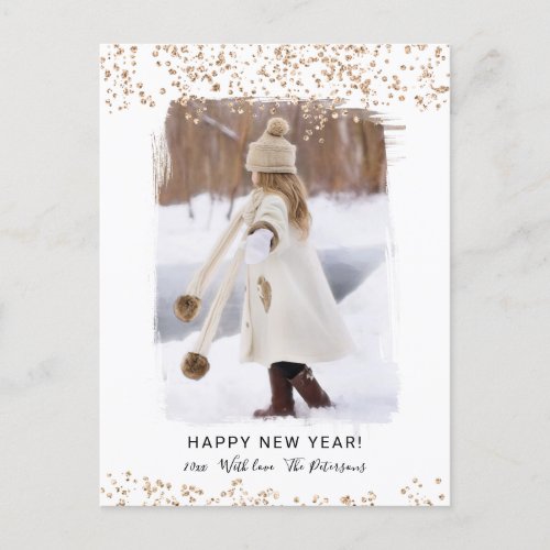 Brushstroke gold glitter confetti New Year photo Holiday Postcard