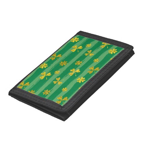 Brushstroke Lucky Pattern with Golden Clovers Trifold Wallet