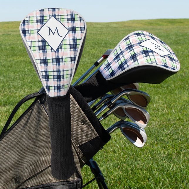 Brushstroke Navy Blue Preppy Plaid Monogrammed Golf Head Cover (Creator Uploaded)