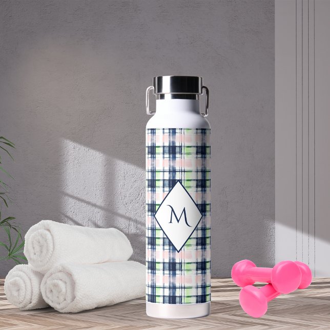 Brushstroke Navy Blue Preppy Plaid Monogrammed Water Bottle (Creator Uploaded)