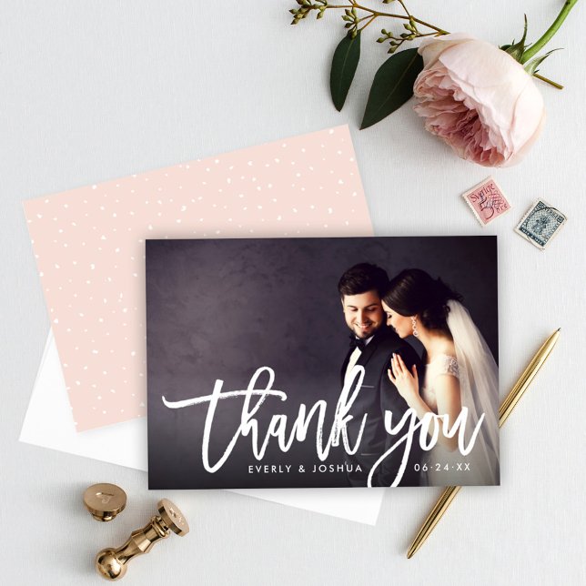 Brushstroke Script Blush Hearts Backing Photo Thank You Card (Creator Uploaded)
