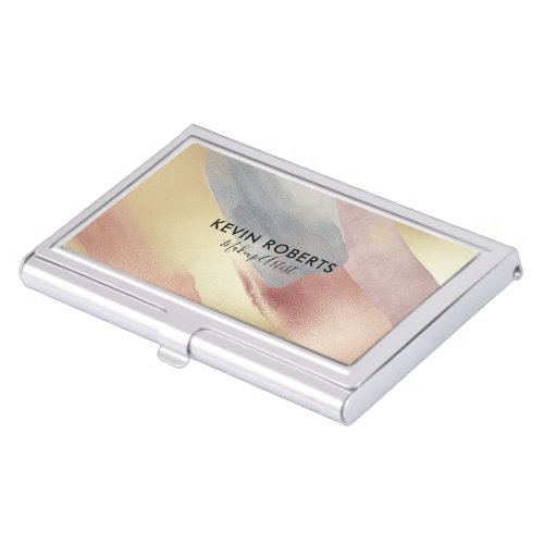 Brushstrokes gold pink and gray business card case