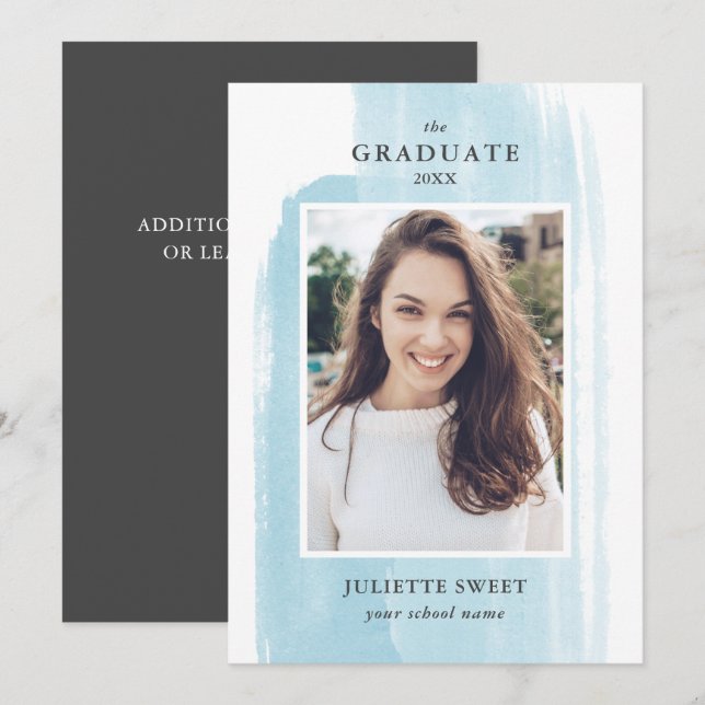 Brushstrokes | Light  Blue Photo Girly Graduation Invitation (Front/Back)