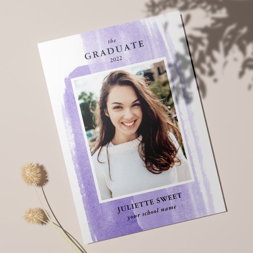 Brushstrokes  Purple Photo Girly Graduation Invitation