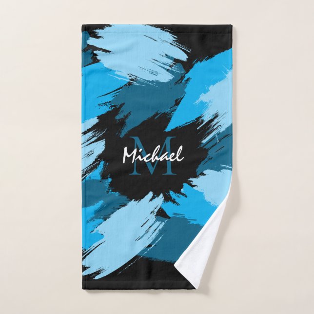 Brushstrokes shades of blue name with monogram bath towel set (Hand Towel)