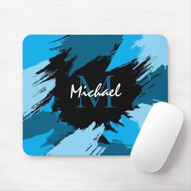 Brushstrokes shades of blue name with monogram mouse pad (With Mouse)