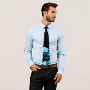 Brushstrokes shades of blue name with monogram neck tie