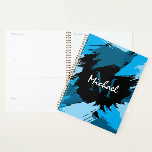 Brushstrokes shades of blue name with monogram planner (Display)