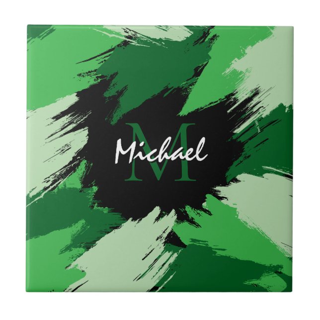 Brushstrokes shades of green name with monogram ceramic tile (Front)