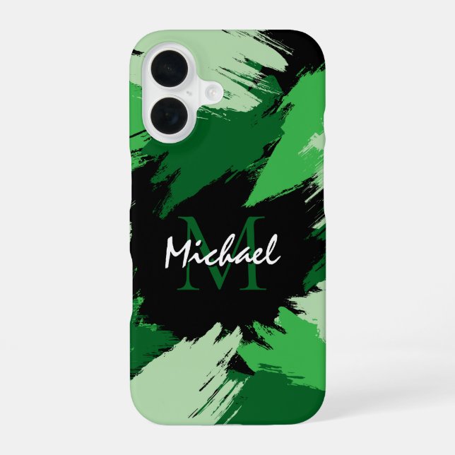 Brushstrokes shades of green name with monogram iPhone case (Back)