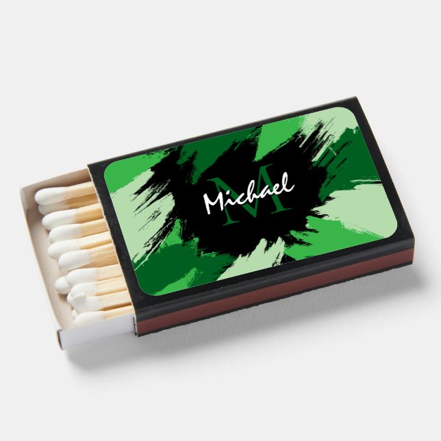 Brushstrokes shades of green name with monogram matchboxes (Front Open)