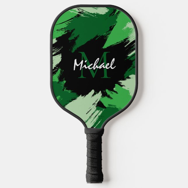 Brushstrokes shades of green name with monogram pickleball paddle (Front)
