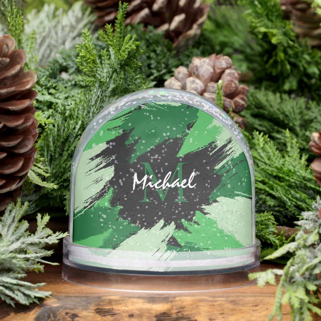 Brushstrokes shades of green name with monogram snow globe (Winter)