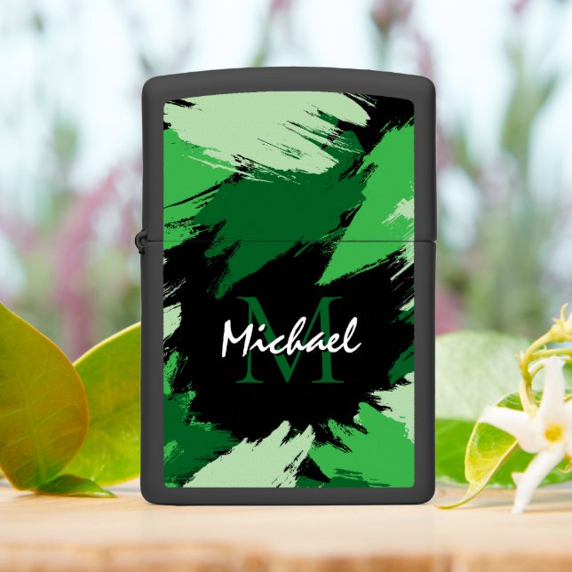 Brushstrokes shades of green name with monogram zippo lighter (On Table)
