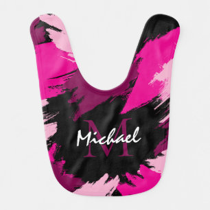 Brushstrokes shades of hot pink name with monogram baby bib