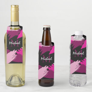 Brushstrokes shades of hot pink name with monogram bottle hanger tag