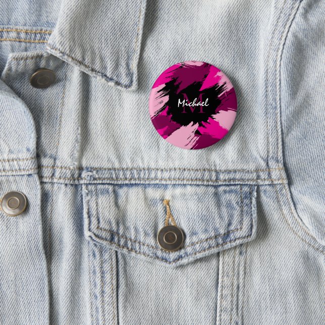 Brushstrokes shades of hot pink name with monogram button (In Situ)