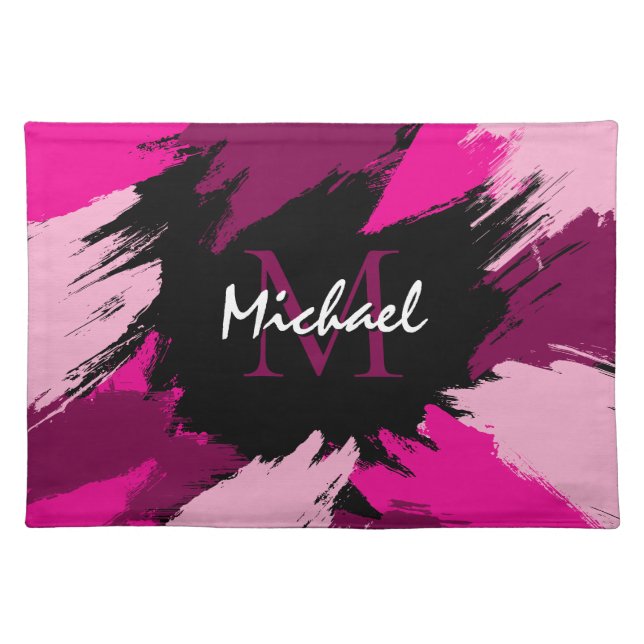 Brushstrokes shades of hot pink name with monogram cloth placemat (Front)