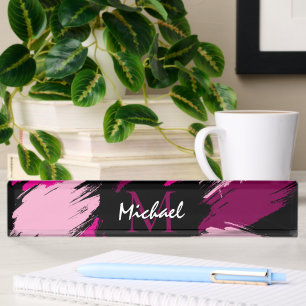Brushstrokes shades of hot pink name with monogram desk name plate
