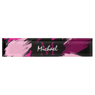 Brushstrokes shades of hot pink name with monogram desk name plate