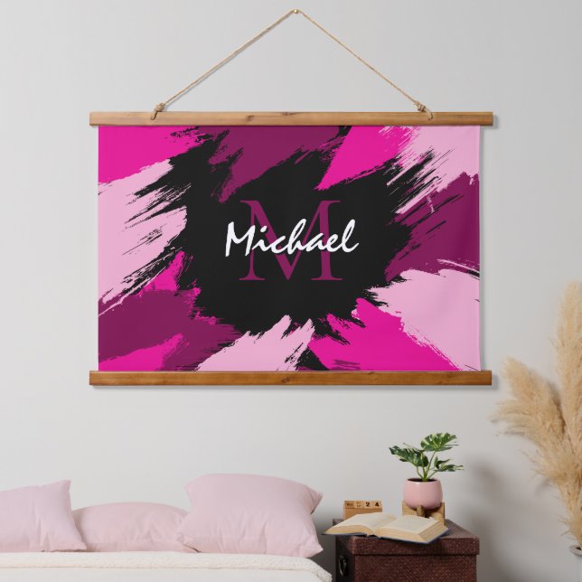 Brushstrokes shades of hot pink name with monogram hanging tapestry (Bedroom)