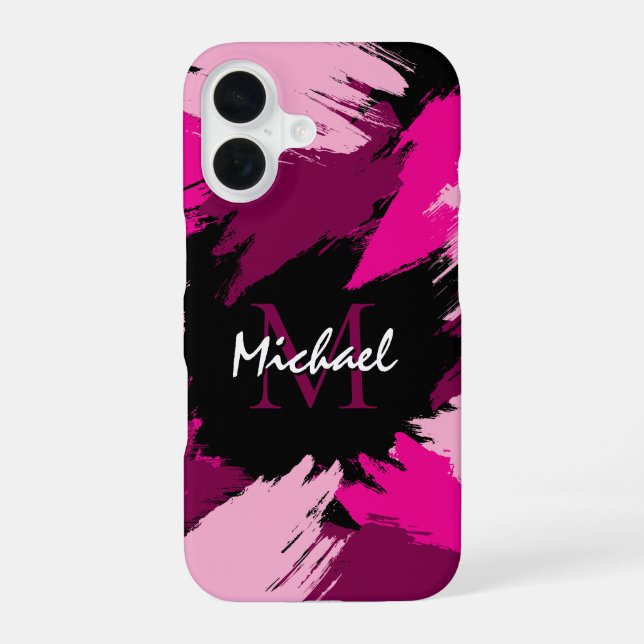 Brushstrokes shades of hot pink name with monogram iPhone case (Back)