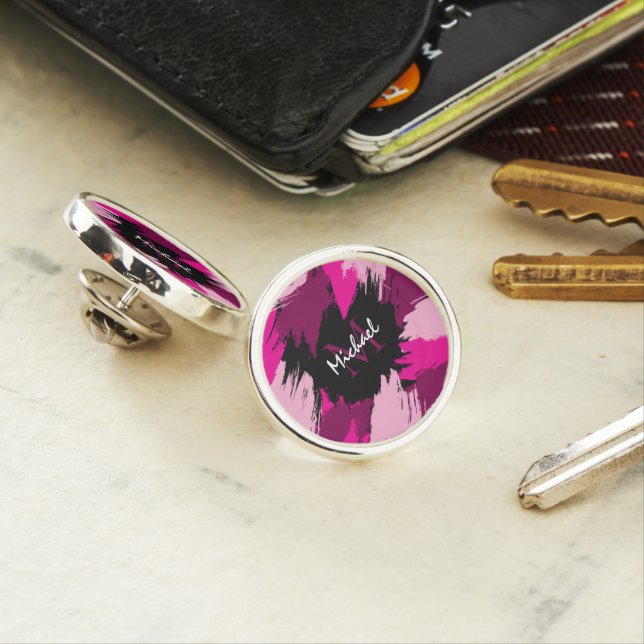 Brushstrokes shades of hot pink name with monogram lapel pin (In Situ)
