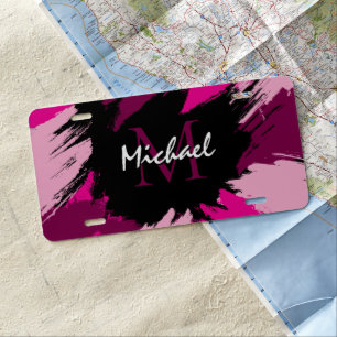 Brushstrokes shades of hot pink name with monogram license plate