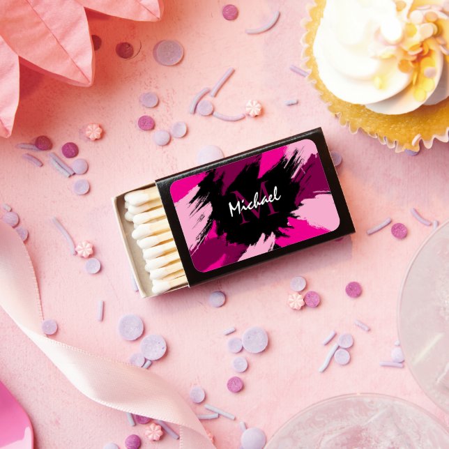Brushstrokes shades of hot pink name with monogram matchboxes (Insitu)
