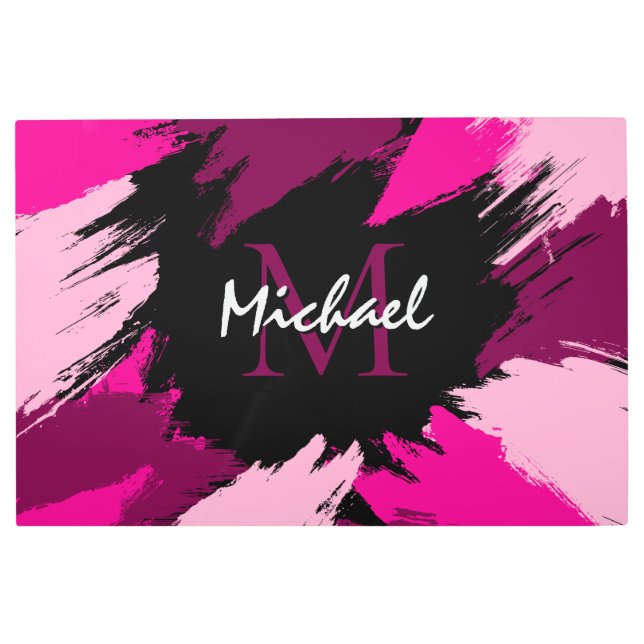 Brushstrokes shades of hot pink name with monogram metal print (Front)
