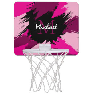 Brushstrokes shades of hot pink name with monogram mini basketball hoop
