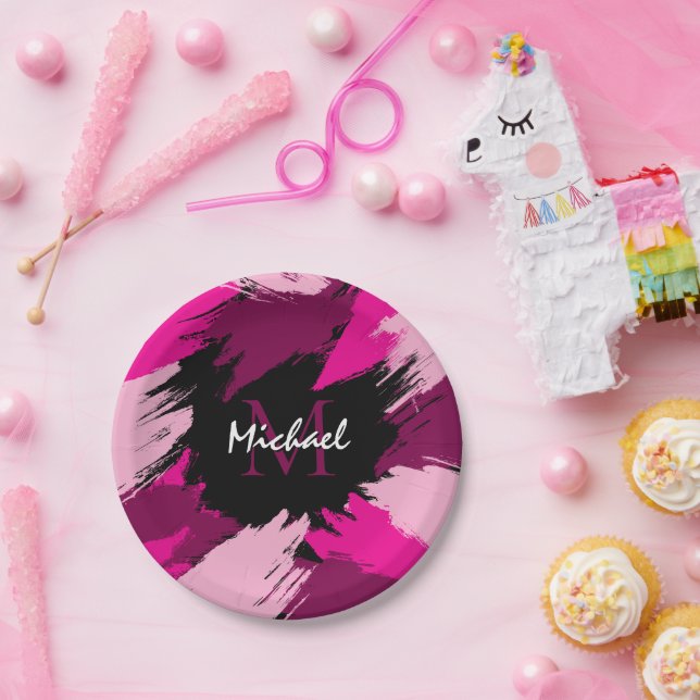 Brushstrokes shades of hot pink name with monogram paper plates (Party)