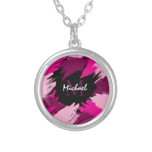 Brushstrokes shades of hot pink name with monogram silver plated necklace