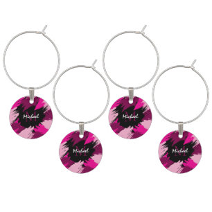 Brushstrokes shades of hot pink name with monogram wine charm