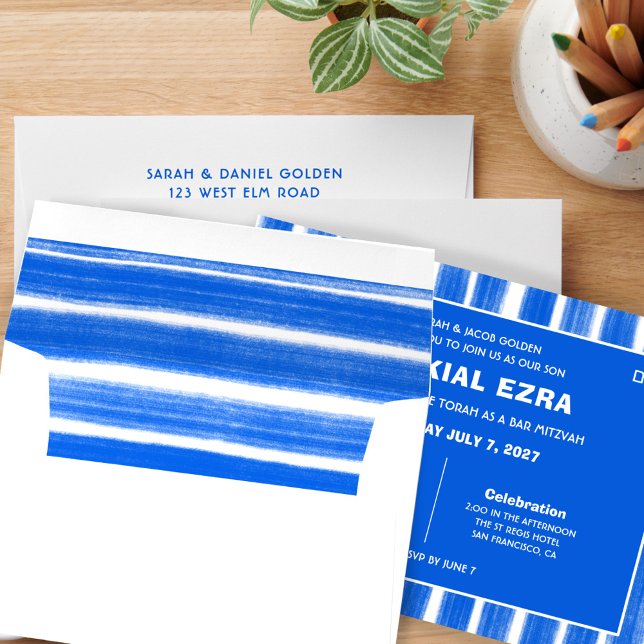 Brushstrokes Stripes Blue Custom Bar Bat Mitzvah Envelope (Brushstrokes Stripes Blue Custom Bar Bat Mitzvah Envelope
)