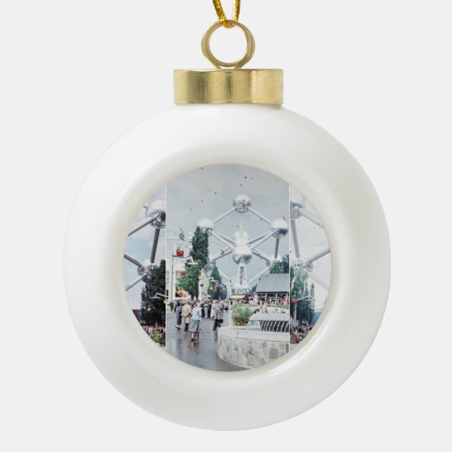 Brussels Atomium Photo Collage Ceramic Ball Christmas Ornament (Front)