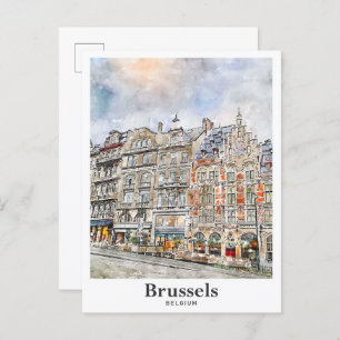 Brussels Belgium Art Travel Watercolor Hand Drawn Postcard