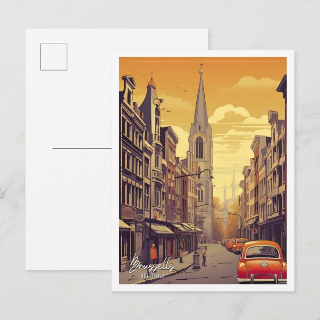 Brussels Belgium Art Vintage Travel Illustration Postcard (Front/Back)
