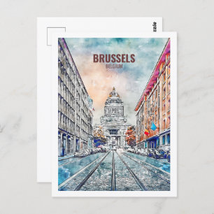 Brussels Belgium Famous Travel Watercolor Sketch Postcard