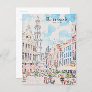 Brussels Belgium Gouache Paint Illustration Travel Postcard