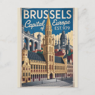 Brussels Belgium Retro Skyline Cityscape Travel  Postcard