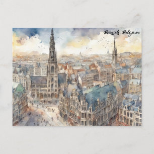 Brussels Belgium Watercolor Painting Panorama View Postcard