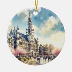 Brussels Grand Palace of Belgium Watercolor Ceramic Ornament