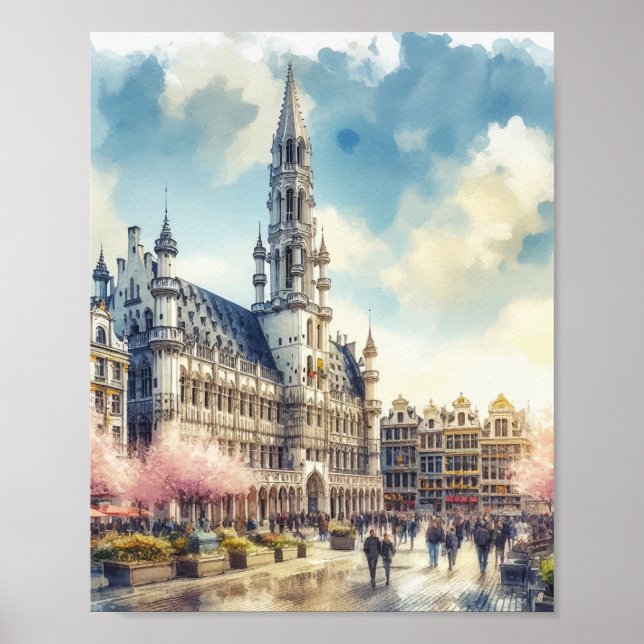 Brussels Grand Palace of Belgium Watercolor Poster (Front)