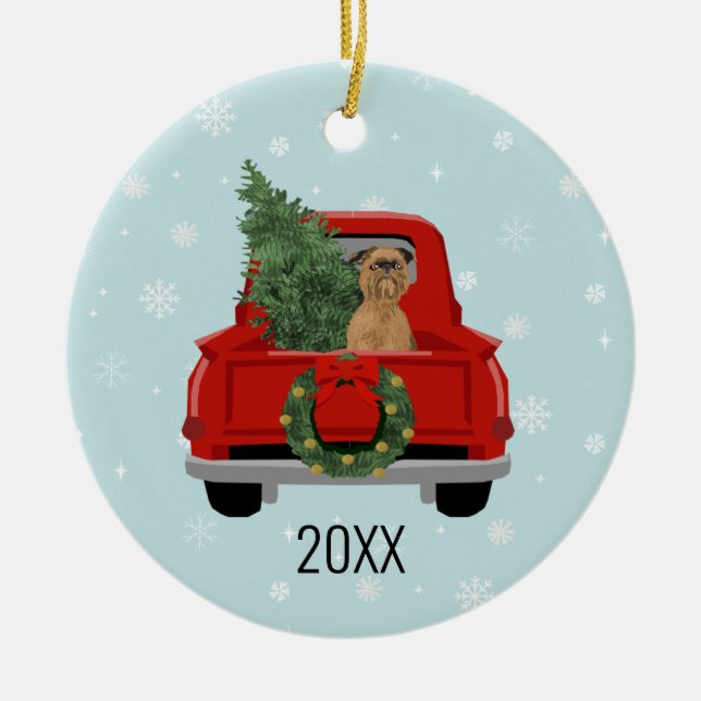Brussels Griffon Christmas Red Truck Ceramic Ornament (Front)