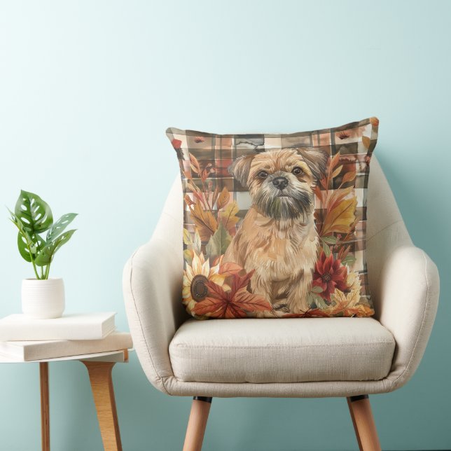 Brussels Griffon Dog Fall Watercolor Flowers Throw Pillow (Chair)