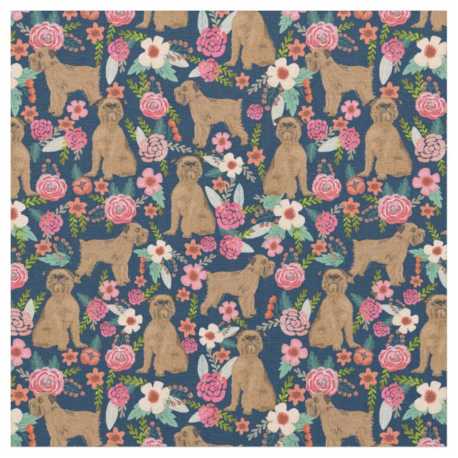 Brussels Griffon dog vintage florals dark Fabric (Close Up)