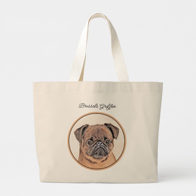 Brussels Griffon Painting Red Smooth Cute Dog Art Large Tote Bag (Back)