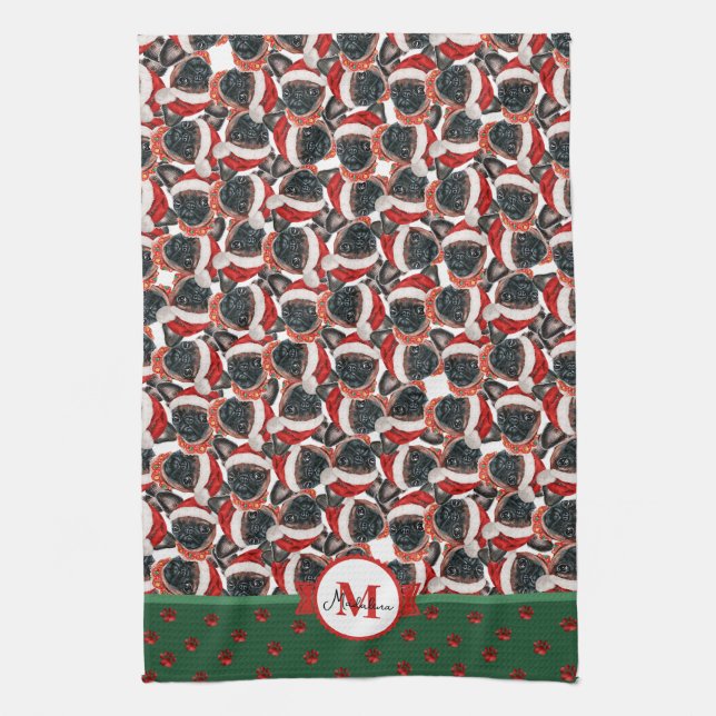 Brussels Griffon Pattern Monogram Christmas Dog Kitchen Towel (Vertical)
